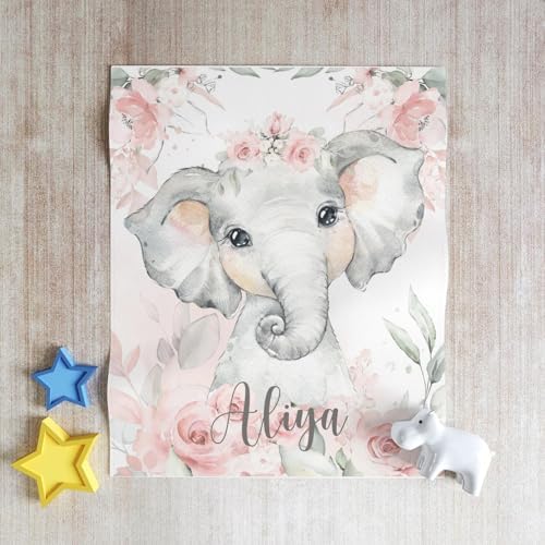 Personalized Baby Elephant Blanket with Pink Flowers