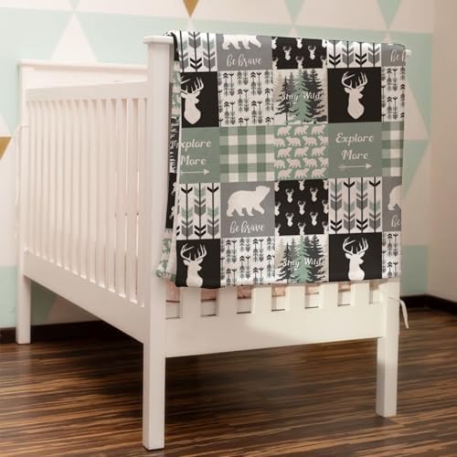 Teal Blue Plaid Bear Deer Arrow Flannel Fleece Baby Blanket