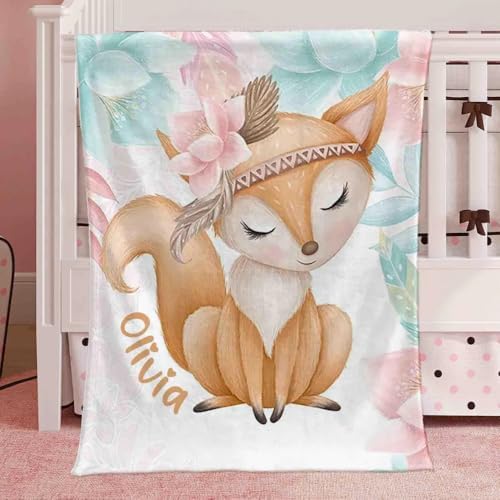 Customized Baby Fox Blanket Personalized Animal Nursery Blanket with Rose Flowers