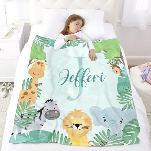 Personalized Baby Blanket with Name Green Safari Animal Design