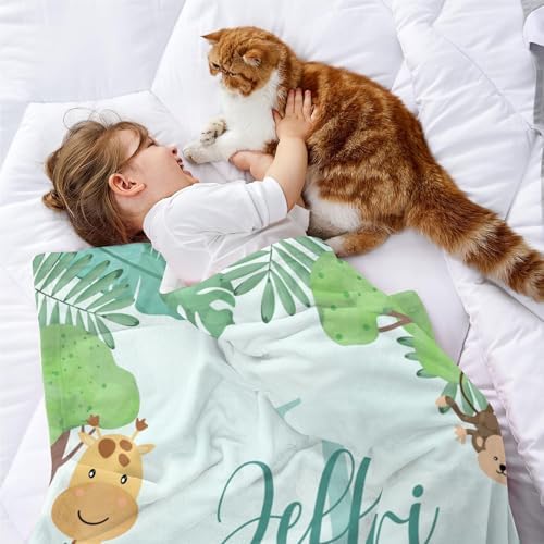 Personalized Baby Blanket with Name Green Safari Animal Design