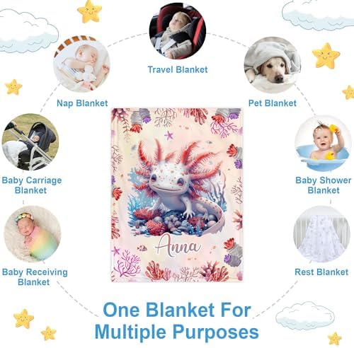 Hyturtle Personalized Axolotl Baby Blanket - Soft Cozy Plush Gift for Newborn