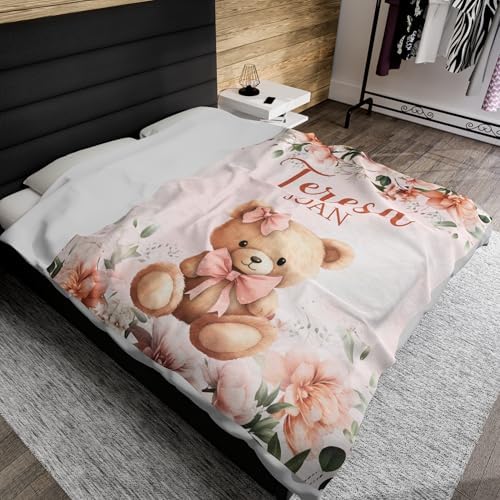 Personalized Pink Bear Baby Blanket with Name 1