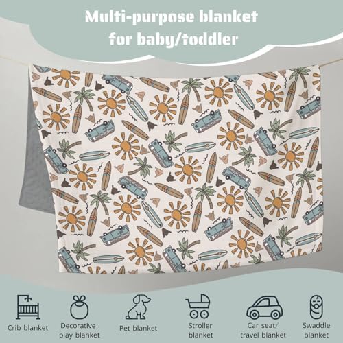 Soft Mink Baby Blanket with Dotted Backing Summer Blue Surf Board Pattern