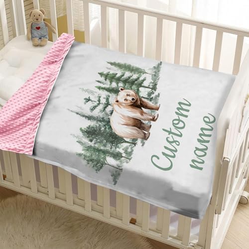 Custom Name Baby Receiving Blanket with Bear in Forest Theme