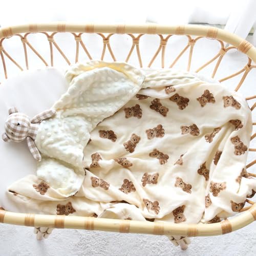 LifeTree Baby Swaddle Blanket with Dotted Fleece Backing Bear Pattern 31x40 Inches