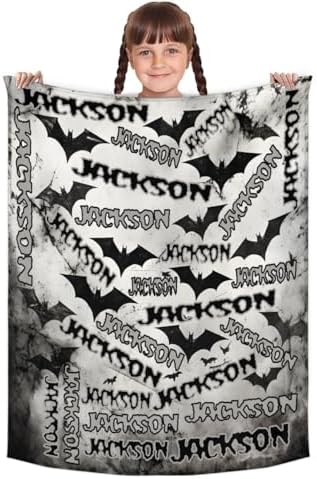 Personalized Halloween Baby Blanket with Name and Black Fog Bat Design