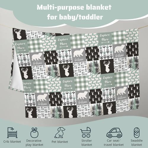 Teal Blue Plaid Bear Deer Arrow Flannel Fleece Baby Blanket