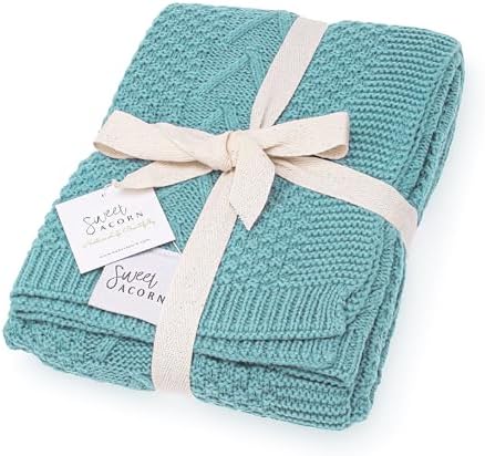 Sweet Acorn Cable Knit Baby Blanket Ocean Teal