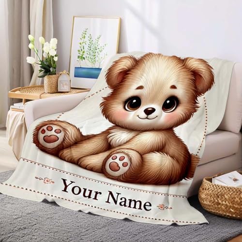 Personalized Bear Blanket with Name Custom Flannel Throw