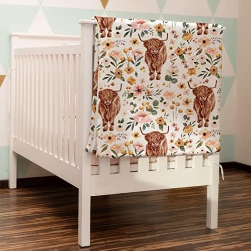 Boho Highland Cow Floral Baby Blanket for Kids