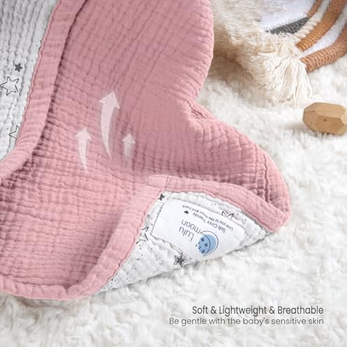 Lulumoon Muslin Baby Blanket - Reversible Cotton Quilt for Toddlers Pink Star