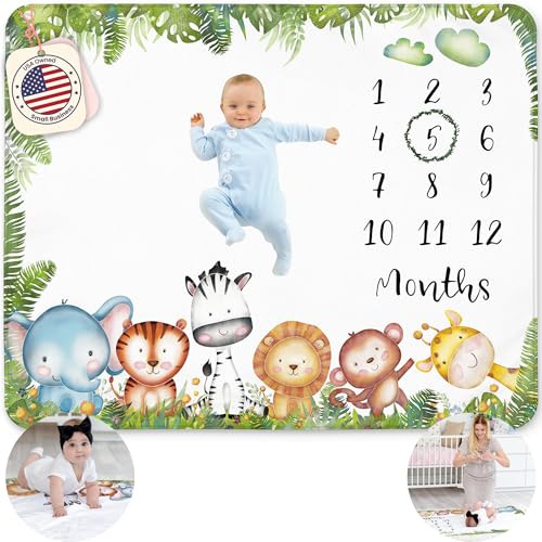 Safari Milestone Blanket for Boy Jungle Animals Theme Monthly Tracker with Wreath