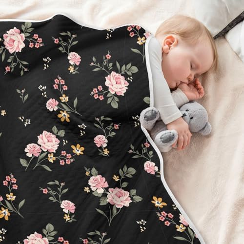 Wfrish Baby Blanket Rose Floral Pink Minky 30x40 In