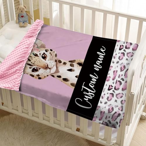 YISMEET Customized Baby Blanket with Name and Pink Leopard Design
