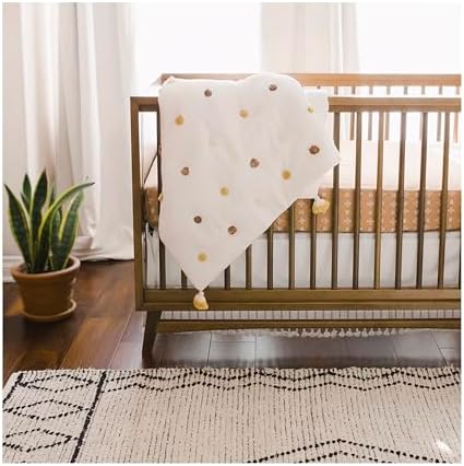 Crane Baby Blanket 36 x 36 Cream Soft Cotton Pom Pom