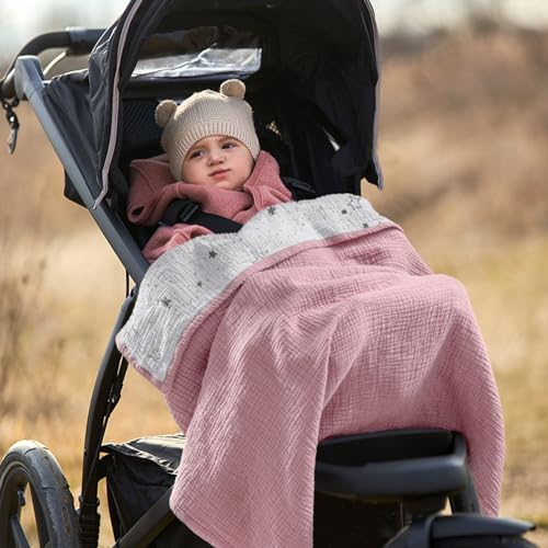 Lulumoon Muslin Baby Blanket - Reversible Cotton Quilt for Toddlers Pink Star