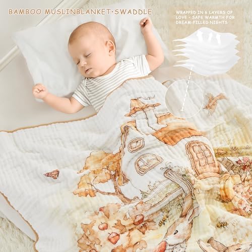 ROSE FEATHER 6-Layer Muslin Baby Blanket with Rabbit Print