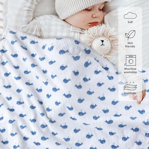 BORITAR Baby Blankets with Blue Whale Pattern and Double Dotted Fleece Backing