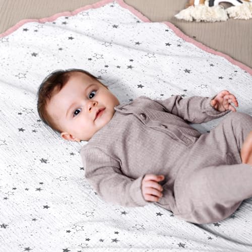 Lulumoon Muslin Baby Blanket - Reversible Cotton Quilt for Toddlers Pink Star
