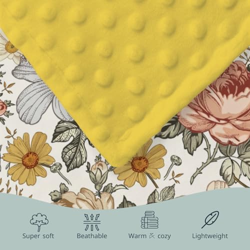 Retro Boho Peony Floral Mink Baby Blanket with Dotted Backing