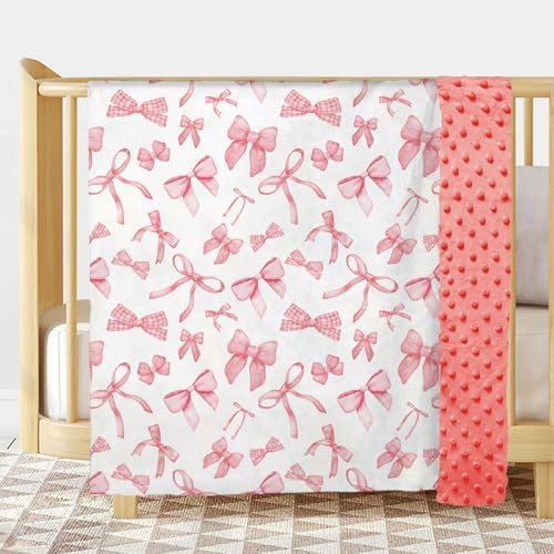 Pink Bow Baby Blanket for Girls 30x40 Inches Soft Minky Double Layer