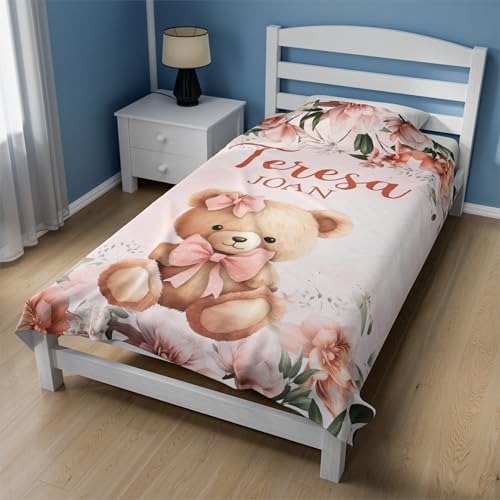Personalized Pink Bear Baby Blanket with Name 1