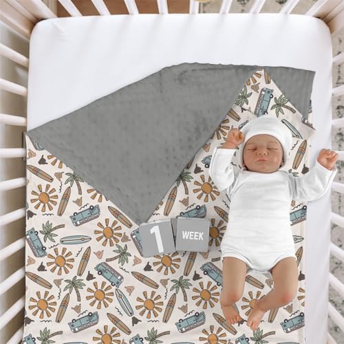 Soft Mink Baby Blanket with Dotted Backing Summer Blue Surf Board Pattern