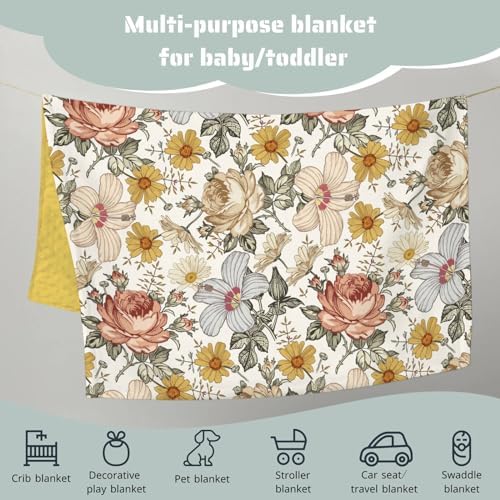 Retro Boho Peony Floral Mink Baby Blanket with Dotted Backing