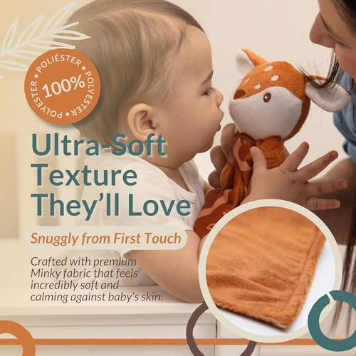 Fawnest Baby Lovey Security Blanket - Gender Neutral Plush Stuffed Animal with Pacifier Holder
