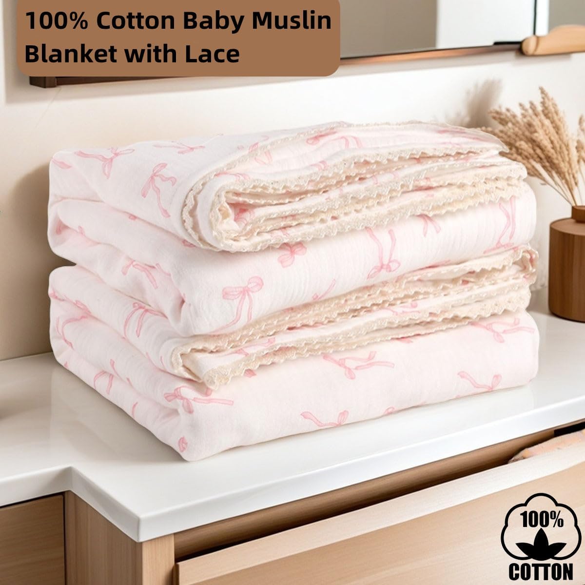 Brenaly Muslin Baby Blanket Pink Bow Print 40x40 Inch