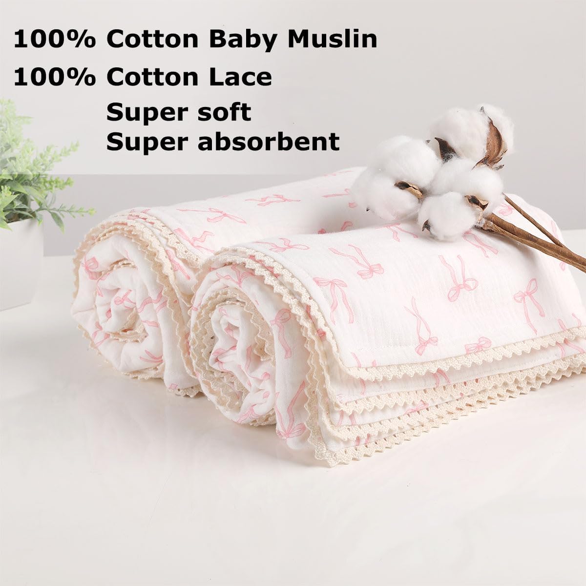 Brenaly Muslin Baby Blanket Pink Bow Print 40x40 Inch
