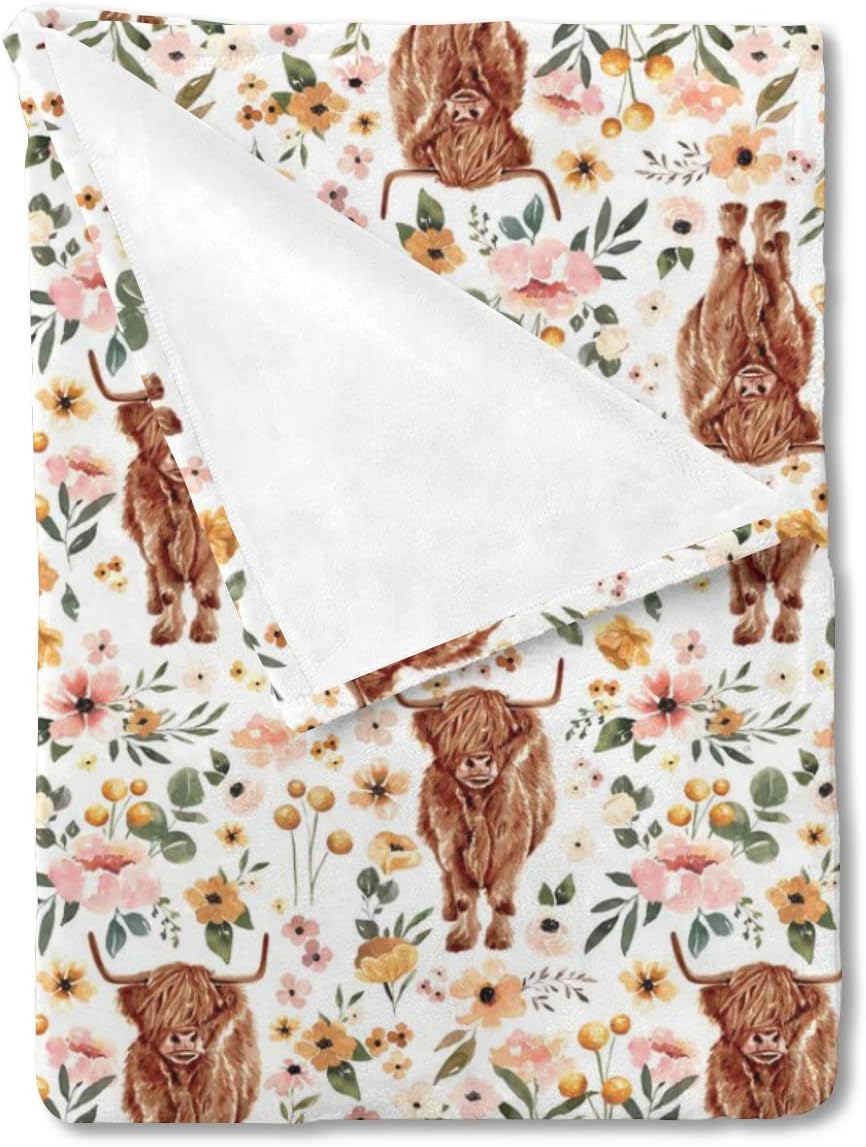 Boho Highland Cow Floral Baby Blanket for Kids