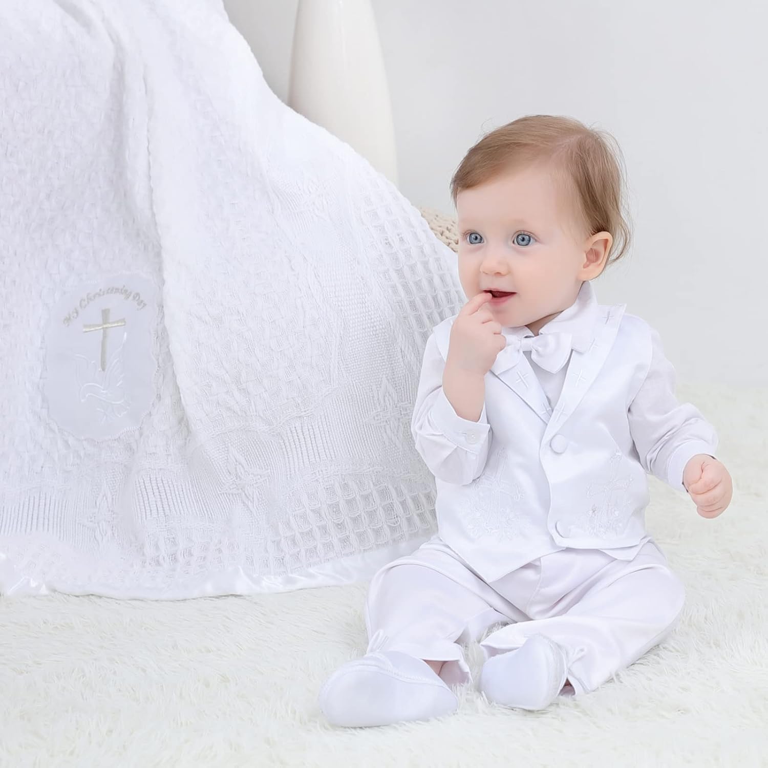 Booulfi Baby Blanket Cross Embroidered Satin Border 36x50