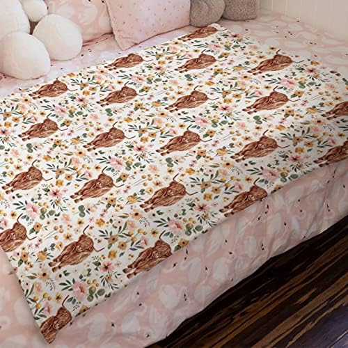 Boho Highland Cow Floral Baby Blanket for Kids