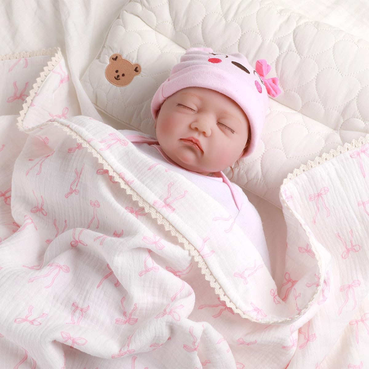 Brenaly Muslin Baby Blanket Pink Bow Print 40x40 Inch