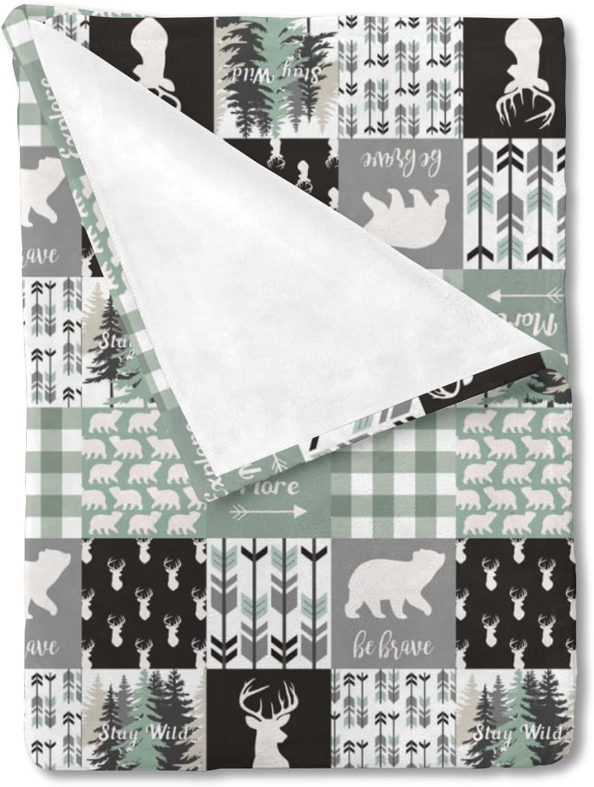 Teal Blue Plaid Bear Deer Arrow Flannel Fleece Baby Blanket