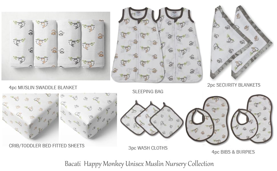 Bacati Muslin Happy Monkeys Sleeping Bag - Newborn BeigeGray 1
