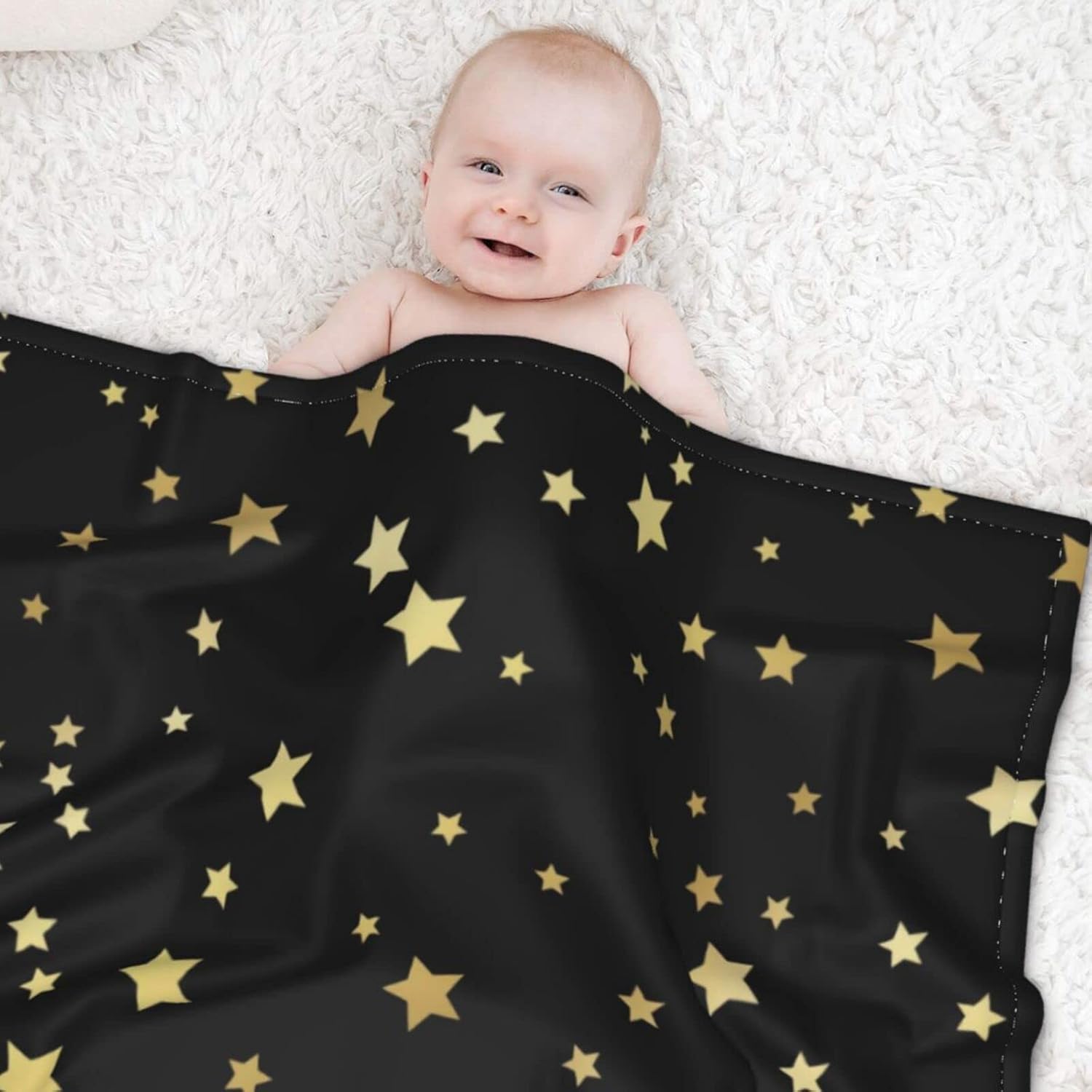 DKJlitter Baby Blanket Gold Stars on Black
