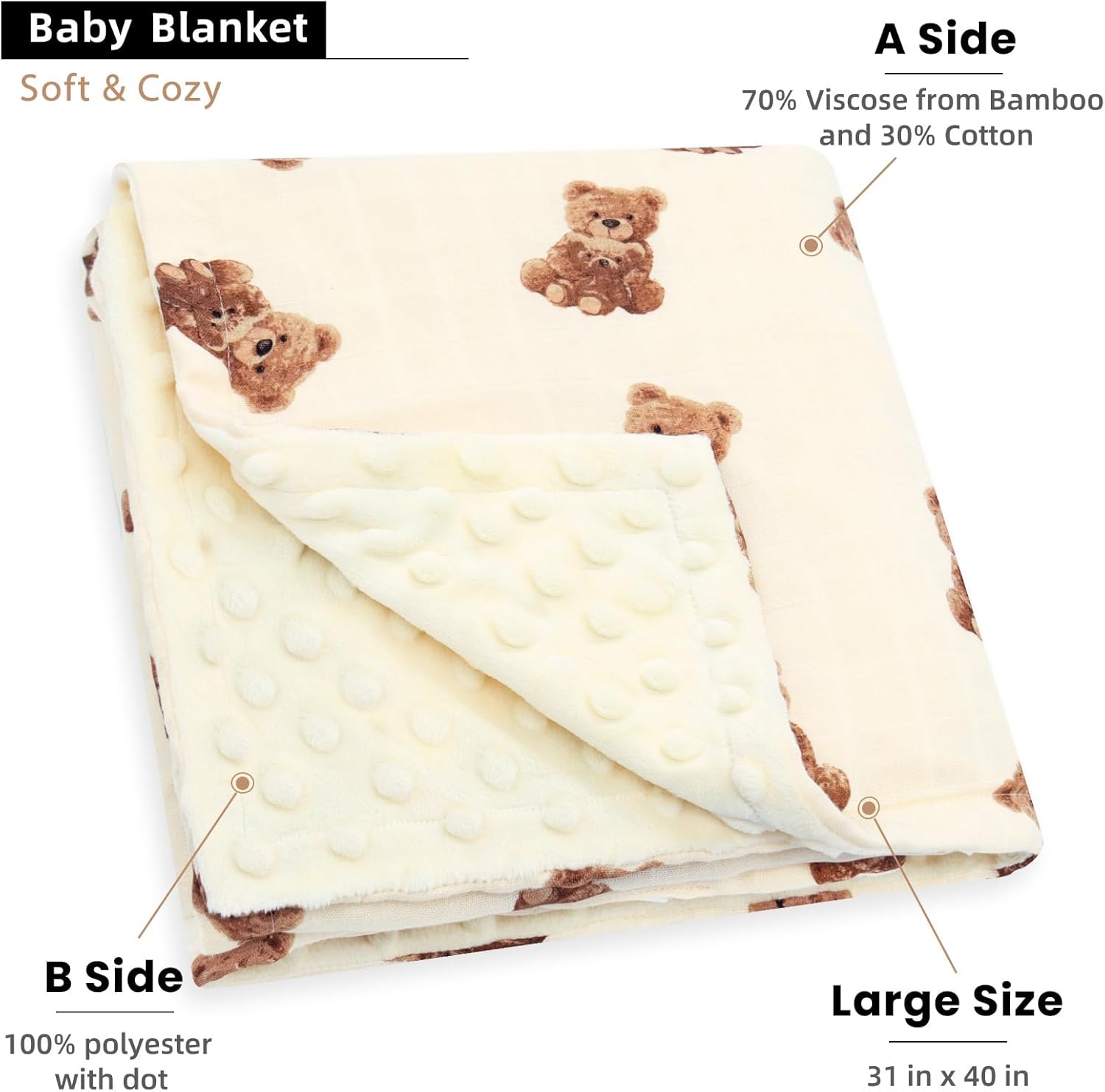 LifeTree Baby Swaddle Blanket with Dotted Fleece Backing Bear Pattern 31x40 Inches