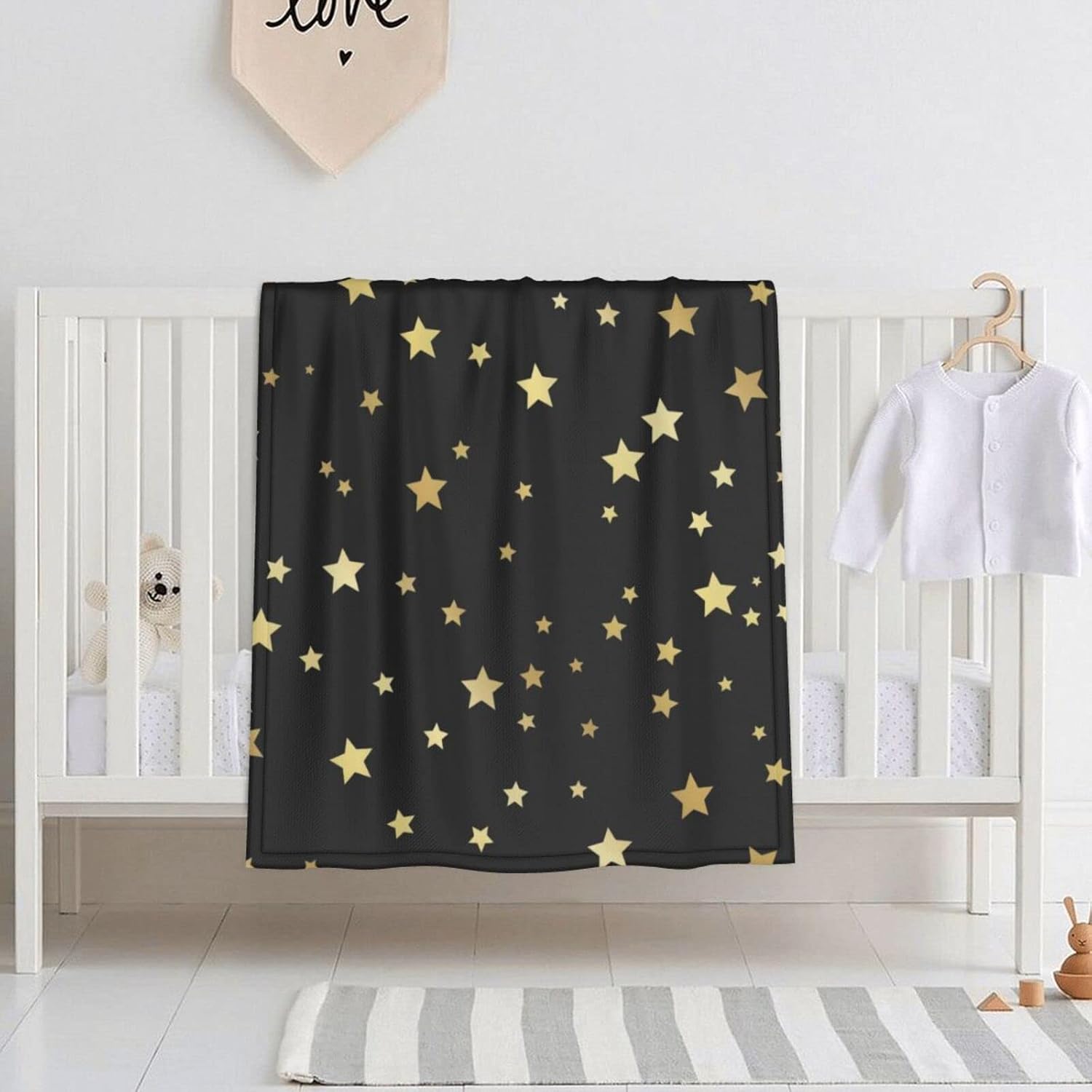 DKJlitter Baby Blanket Gold Stars on Black