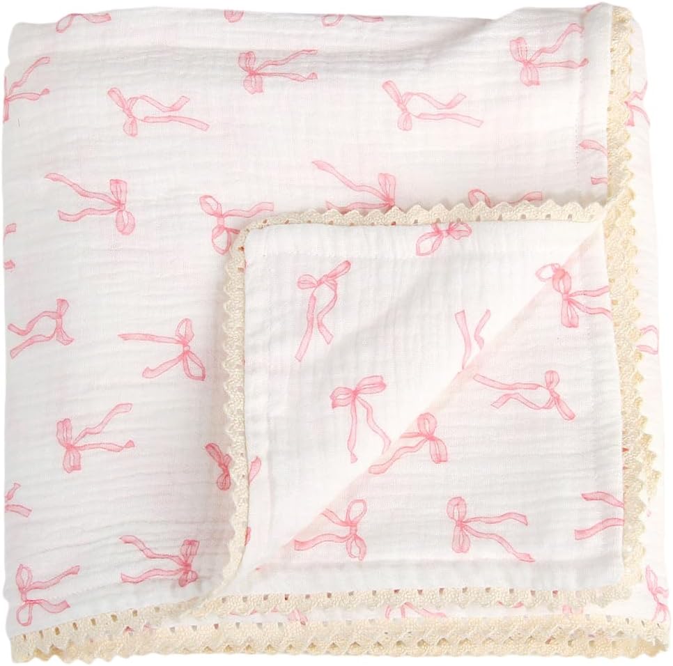 Brenaly Muslin Baby Blanket Pink Bow Print 40x40 Inch