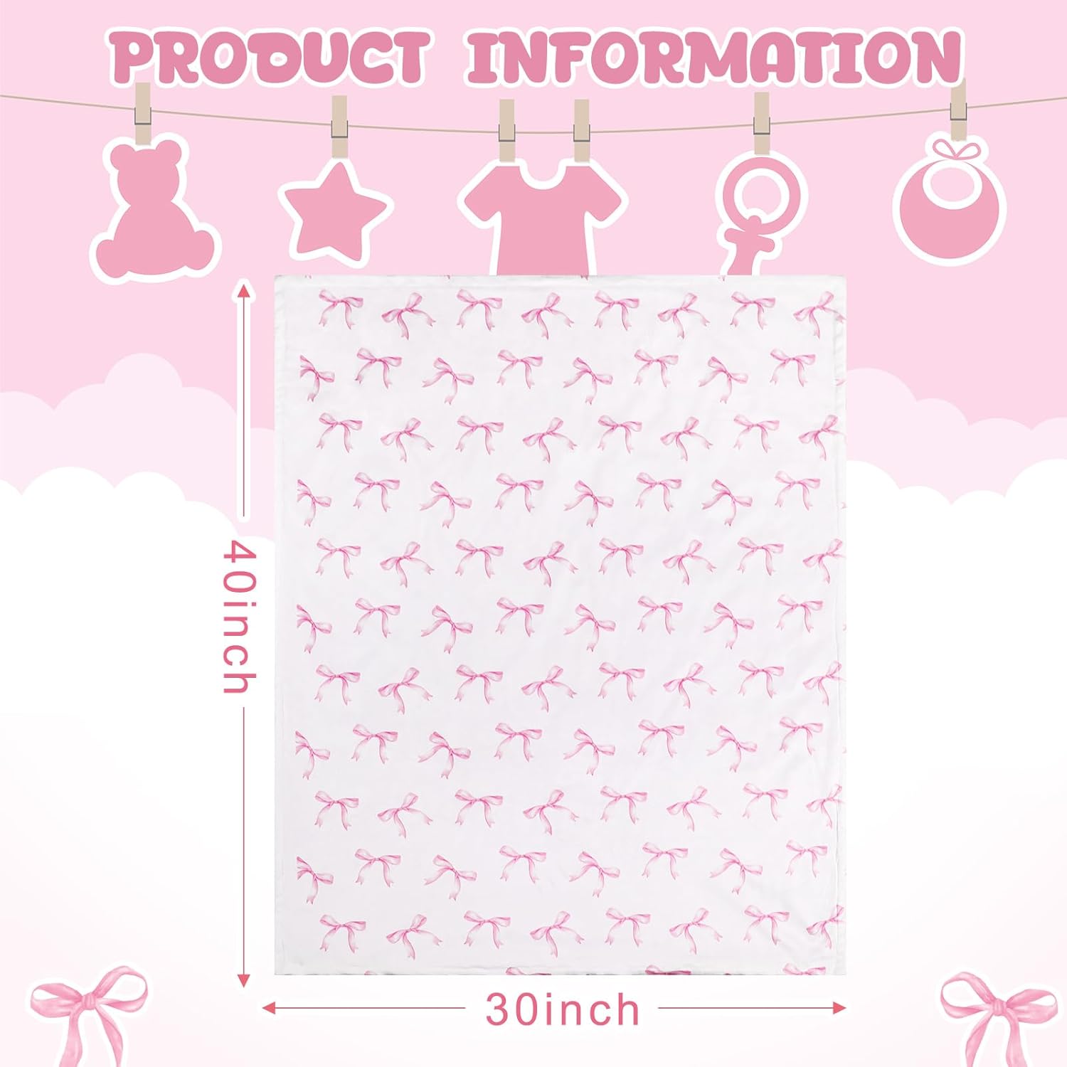 Pink Bow Baby Blanket for Girls 40x30 Inch Swaddle Blanket