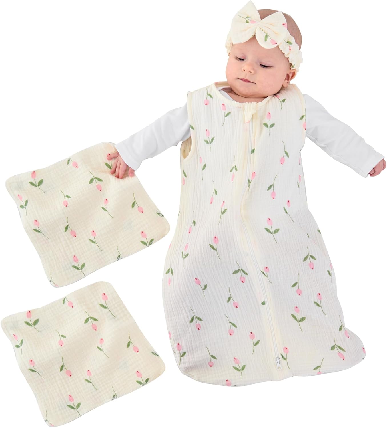 4 PCS Baby Girl Sleep Sack Set with Headband Burp Cloths