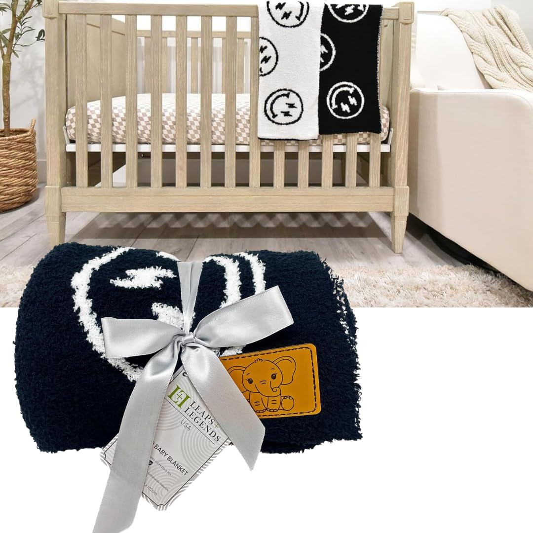 Smiley Face Baby Blanket with Lightning Bolt Eyes - Reversible 28x40 Inch