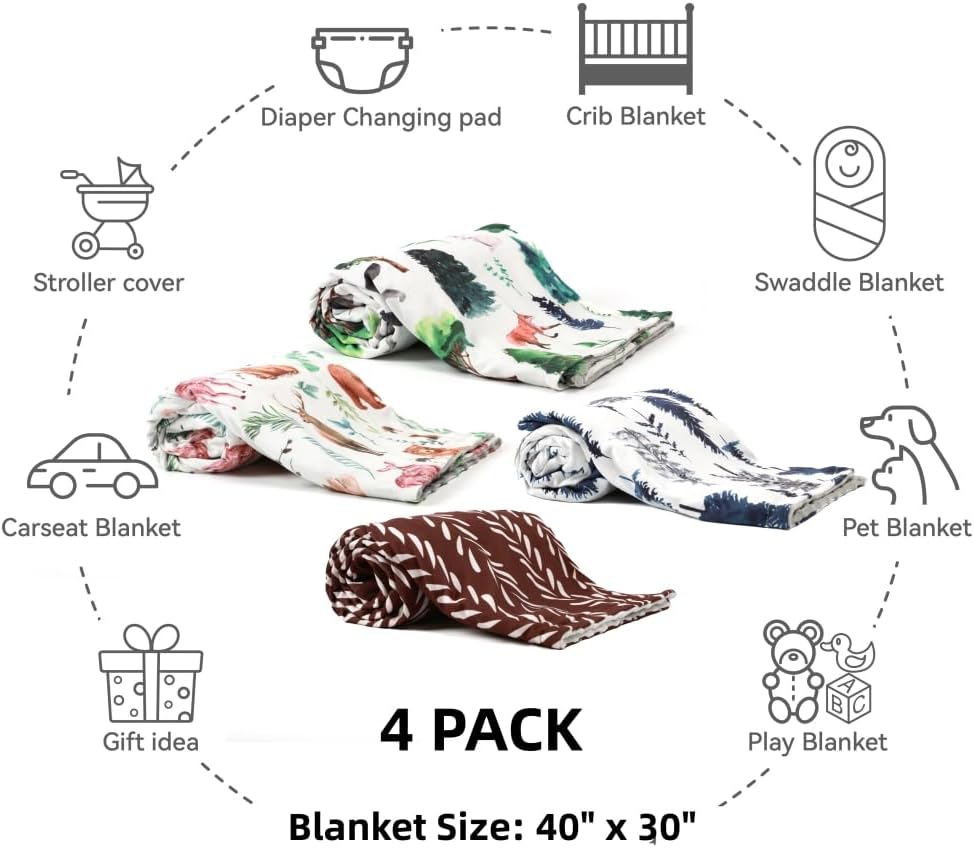 4 Pack Soft Woodland Baby Blankets for Newborn Toddlers
