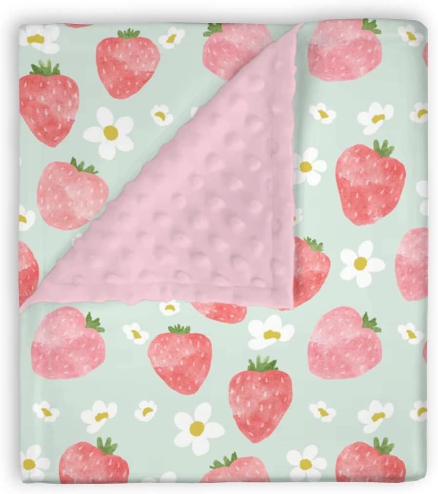 Soft Mink Baby Blanket Strawberry Floral Double Layer Dotted Backing 30x40