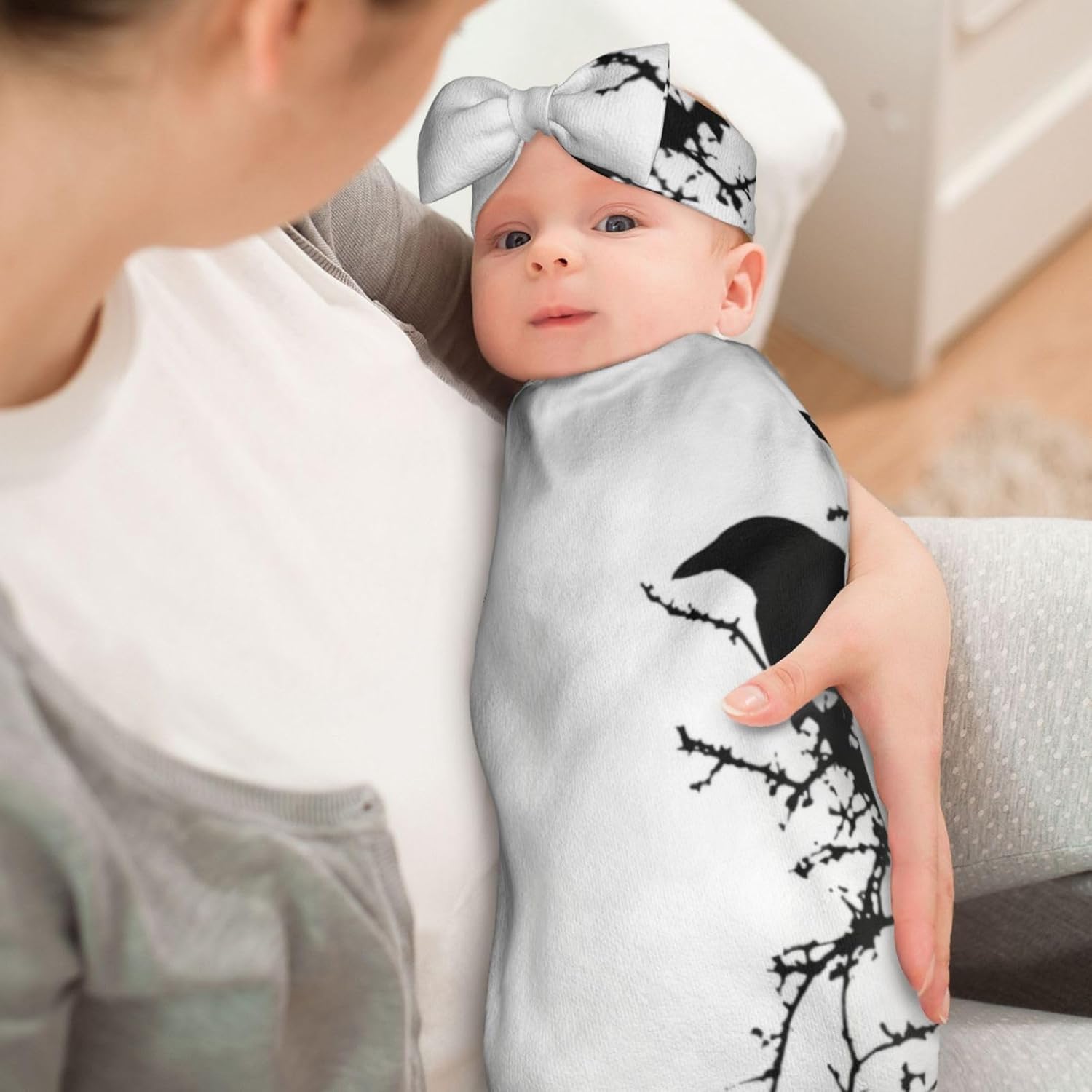 Soft Crow Silhouette Swaddle and Headband Set for Newborns