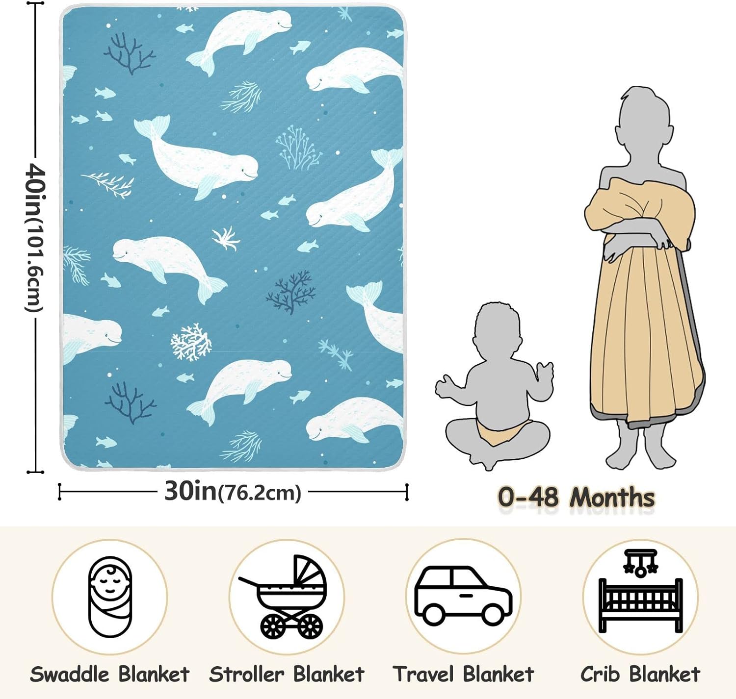 Pigsaly Beluga Whale Baby Blanket 30x40 Inches