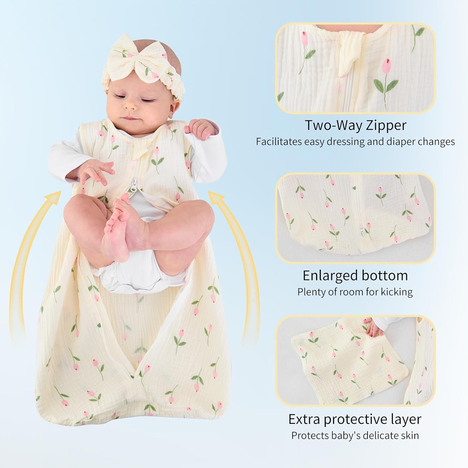 4 PCS Baby Girl Sleep Sack Set with Headband Burp Cloths